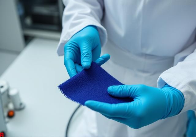 Lab technician testing textile tensile strength and color fastness